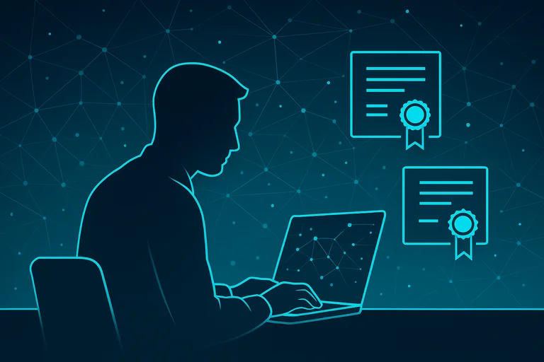 Ilustração de e‑CPF com pessoa utilizando laptop